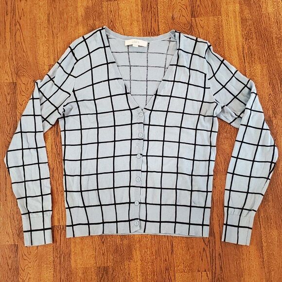 Ann Taylor Loft Womens Sz Medium Cardigan Sweater Windowpane Check V-Neck - Picture 2 of 9